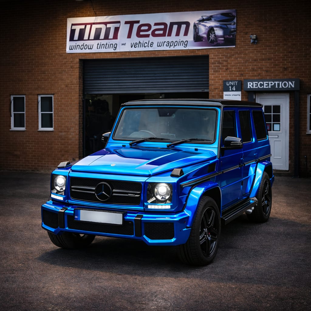 Vehicle Wrapping Middlesbrough – blue chrome wrapped GWagon outside Tint Team workshop